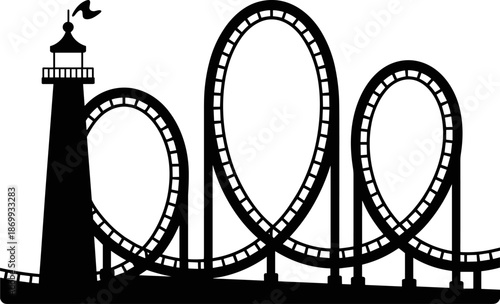 Black silhouette of roller coaster loops with lighthouse tower isolated on white background for amusement park and carnival entertainment design