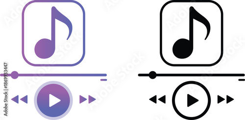 Music player interface icons with note symbol and playback controls