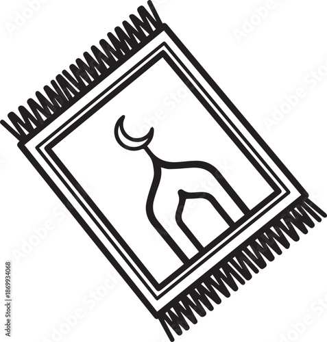 An illustrated camel silhouette with a crescent moon on a prayer rug viewed from above