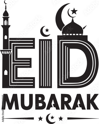 Eid Mubarak celebration vector illustration with mosque and crescent moon