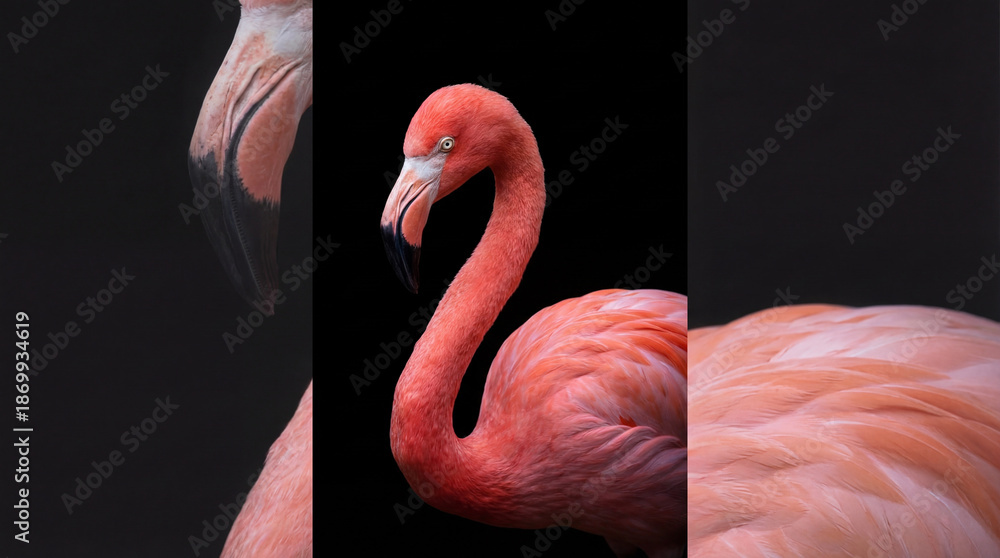 Fototapeta premium Pink Flamingo in Close-Up Portrait, Detailed Feather Texture