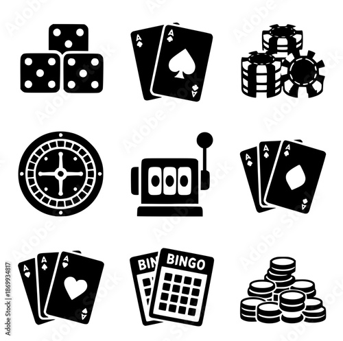 A grid of nine black and white icons representing various casino and gambling elements is displayed no background