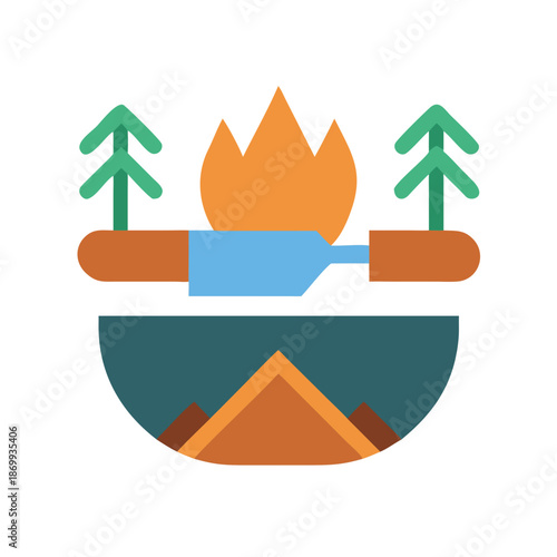 Stylized graphic illustration of outdoor camping scene with fire, trees and tent