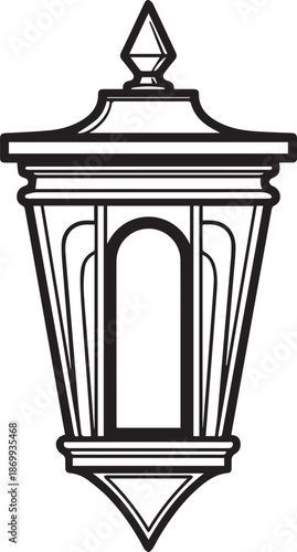 A detailed black and white illustration of a classic outdoor lamp post with ornate details and a pointed finial