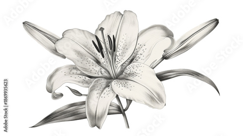 Elegant white lily flower botanical illustration isolated on transparent background