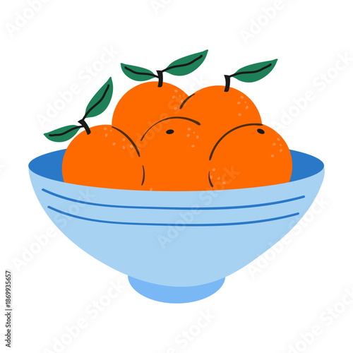 Chinese tangerine or orange fruit bowl illustration in a flat minimalist style, a fresh citrus still life with leaves on a white background, perfect for healthy food concepts and clean modern graphics