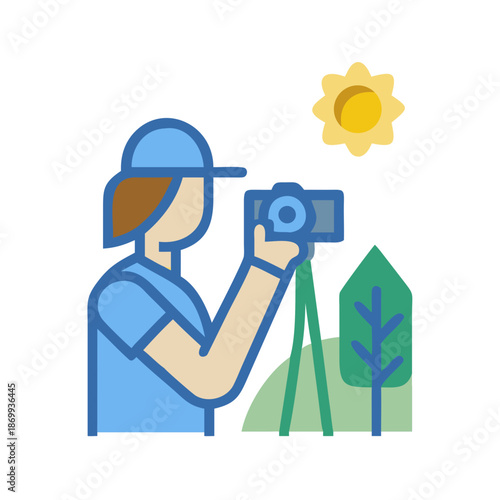 Flat illustration of a photographer in nature taking pictures with a camera
