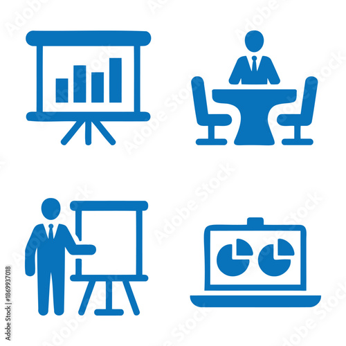 Business presentation icons set chart, meeting, presenter, laptop analytics