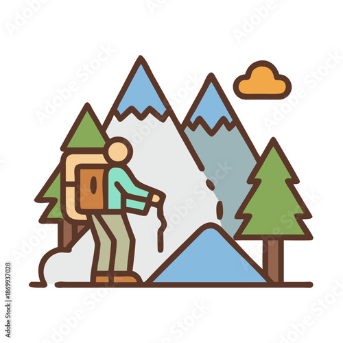 Colorful illustration of a hiker climbing mountains with forest and cloud accents