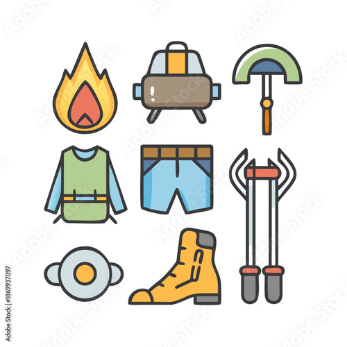 Hiking gear vector illustration isolated on black background. Concept of outdoor equipment