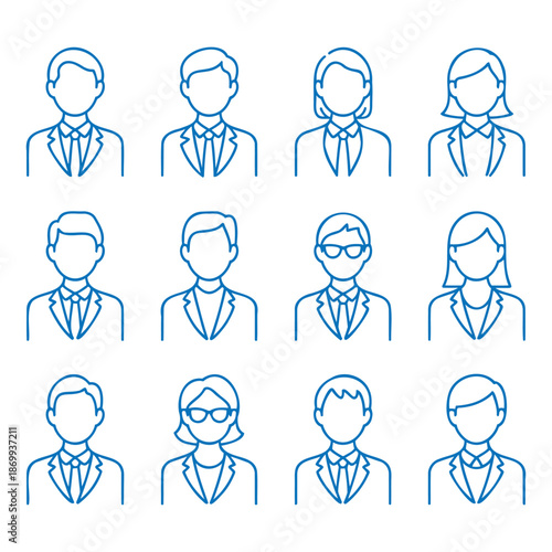 Set of 12 business people avatars icons in blue outline style