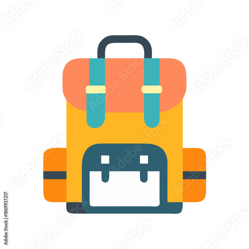 Stylized backpack icon with flat design in bright colors on black background