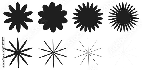 Collection of minimalist sunburst and floral starburst icons in black silhouette