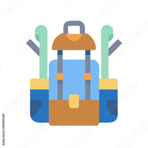 Flat design illustration of a camping backpack with trekking poles