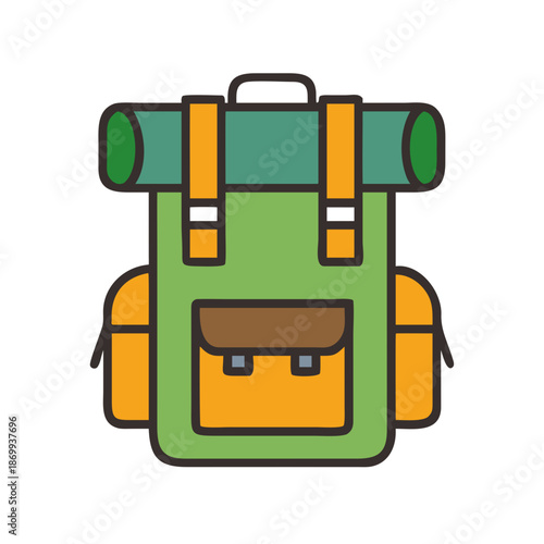 Colorful camping backpack icon with sleeping bag on top, isolated on black