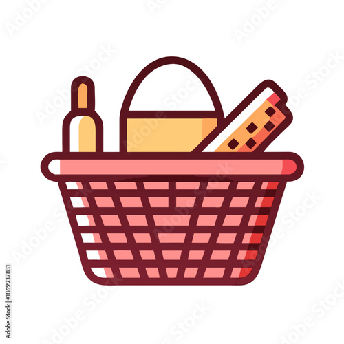 Stylized vector picnic basket containing a wine bottle and a blanket