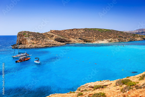 Comino Island, Malta. Blue lagoon on by the island of Cominotto.