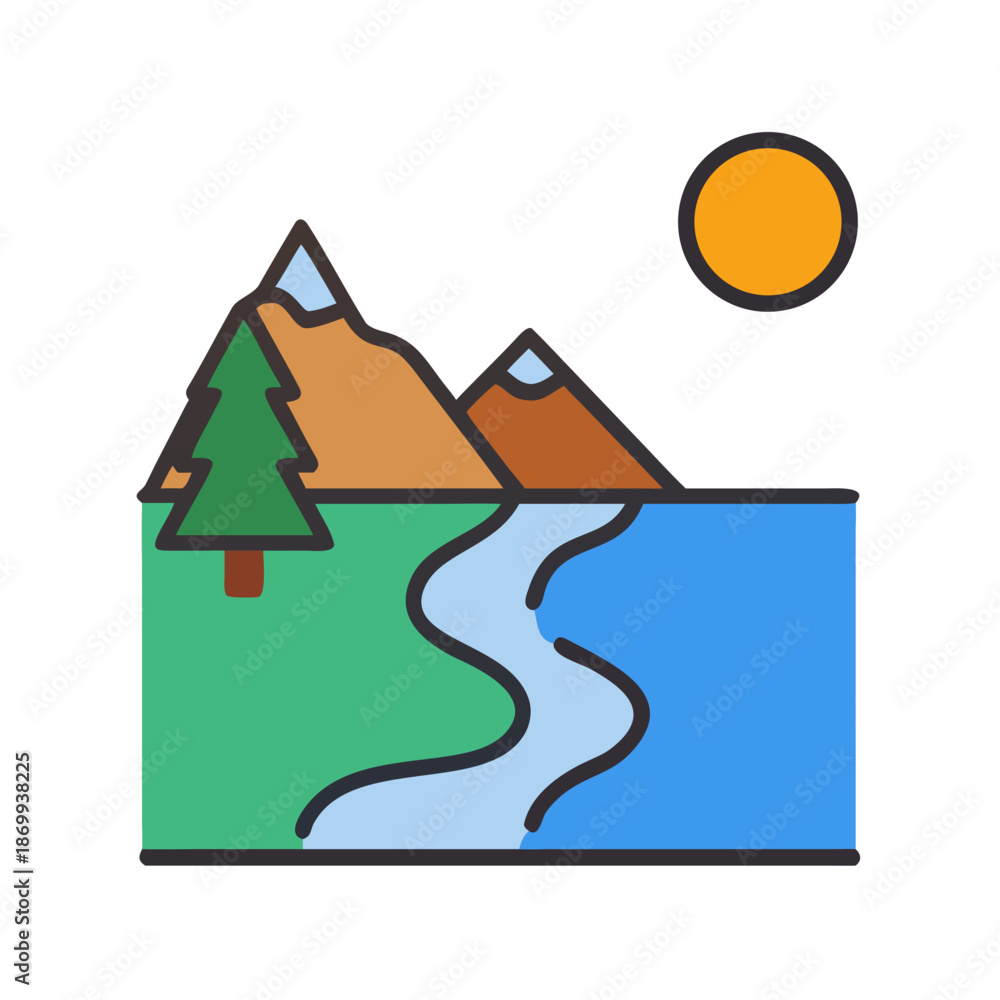 Obraz premium Iconic landscape featuring mountains, river, forest, and sun against a black background