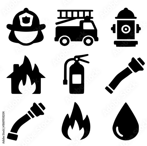 A grid of nine black silhouette icons related to firefighting no background