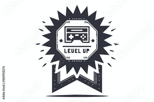 Pixel art level up badge silhouette on white background, vector illustration for winning