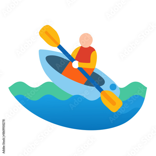 Kayaker paddling in blue water with colorful paddle in flat design style