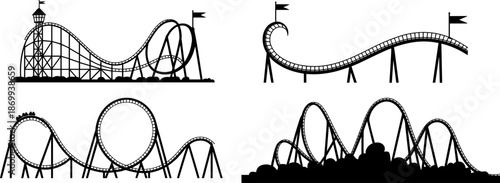Set of black silhouette roller coaster icons with loops and drops isolated on white background for amusement park theme park designs