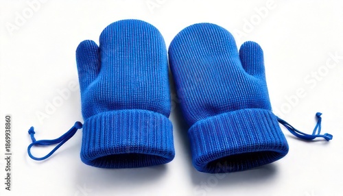 Pair of Bright Blue Knitted Winter Mittens on White Background, Warm and Cozy.