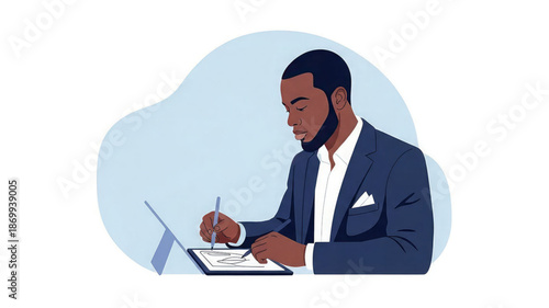 A dark skinned man in a blue suit jacket works on a digital tablet