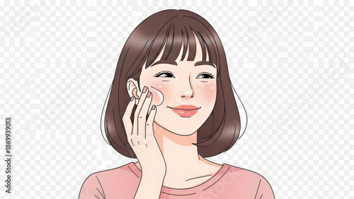 Woman applying skincare product to her cheek with a cotton pad