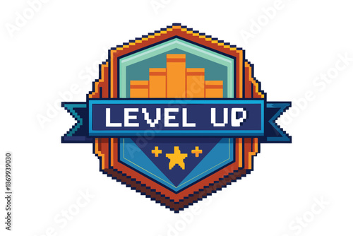Pixel silhouette of a level up badge, a symbol of achievement and progress