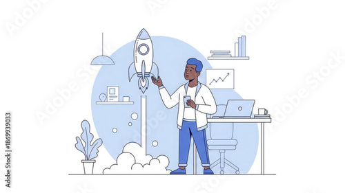 Businessman launching rocket from office desk with laptop and coffee