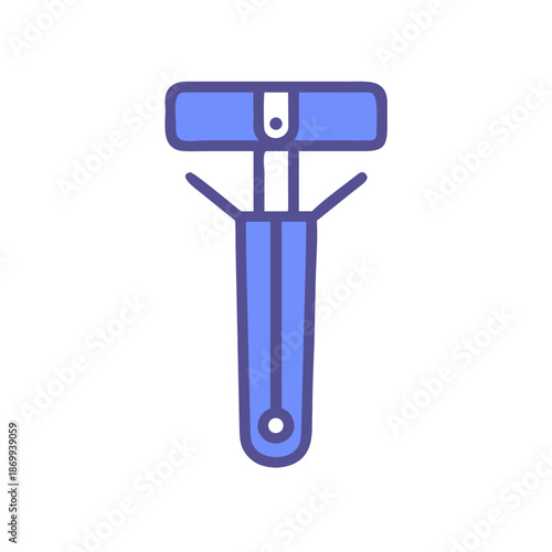 Stylized blue hammer on black background, tool for construction or repair, flat design
