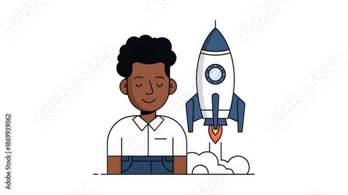 Smiling boy in white shirt standing next to a launching rocket