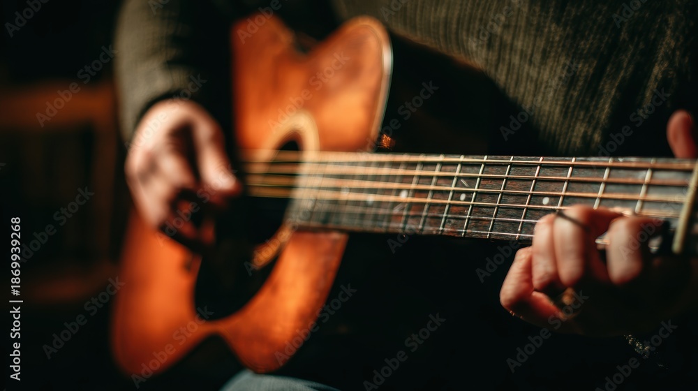 Fototapeta premium Person Playing Acoustic Guitar in Cozy Indoor Setting