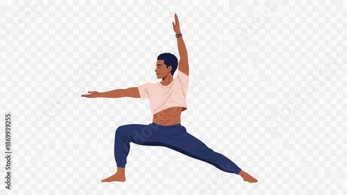 Young woman in dynamic yoga pose with one arm raised and leg