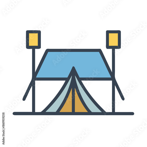 Modern Camping Tent Illustration with Support Structure on Black Backdrop, Flat Design