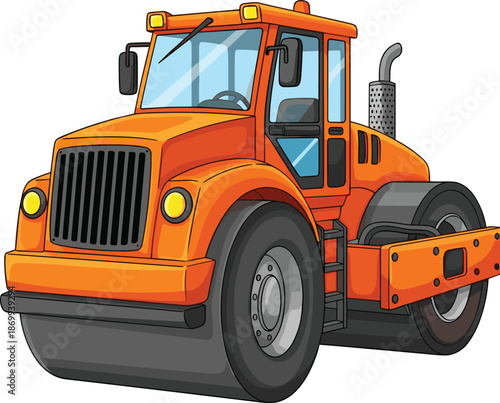 Road roller construction vehicle illustration heavy compactor machine for asphalt paving flat vector design isolated on white background