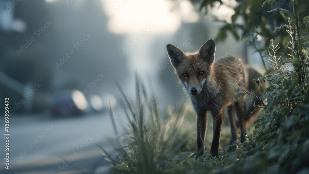 Fototapeta premium A fox stands at the edge of a grassy verge by a quiet street, looking toward the camera with soft morning light. Concept Fox portrait at dawn, wildlife on grassy verge, quiet street scene