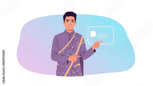 A man in a purple sari pointing to a digital message board