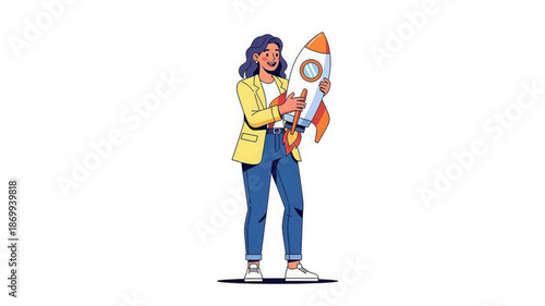 Cartoon woman holding a rocket ship standing on a white background