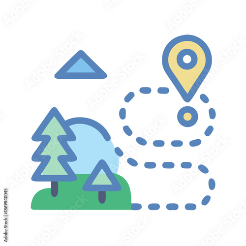 Graphic icon illustrating journey path through nature to a destination point