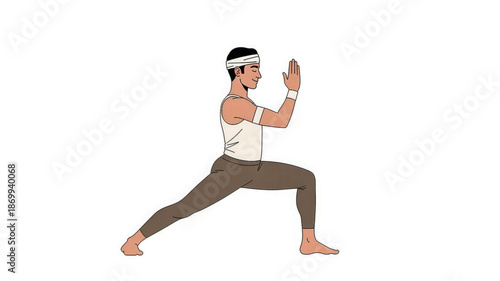 Man in white tank top and brown pants doing yoga pose with hands up