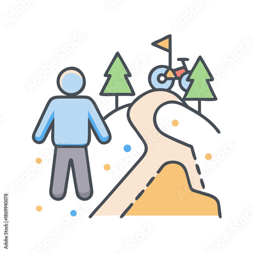 Stylized icon of a person on a path with bike and trees