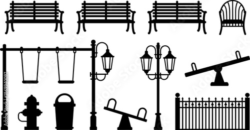 Vector Silhouette Collection of City Park Elements Featuring Benches Playground Swings Seesaws Street Lamps Garden Fence Fire Hydrant and Trash Can (21 words)