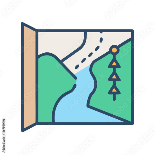 Illustration of a hiking trail map with mountains, a river, and trail markers
