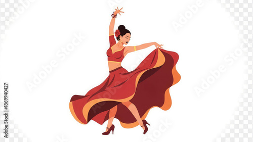 Woman in red dress dancing energetically with raised arm