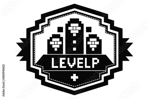 Black and white pixel art level up badge silhouette on white background, vector graphic