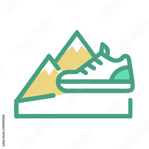 Minimalist design illustration of a hiking shoe on top of mountains on black