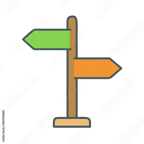 Directional signpost with green and orange arrows against a black background