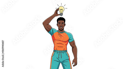 A dark skinned man in orange and teal clothing holding a glowing